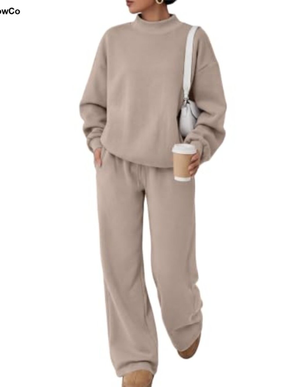 Women's Mock Neck 2 Piece Sweat Set Wide Leg Sweatpants Lounge Set